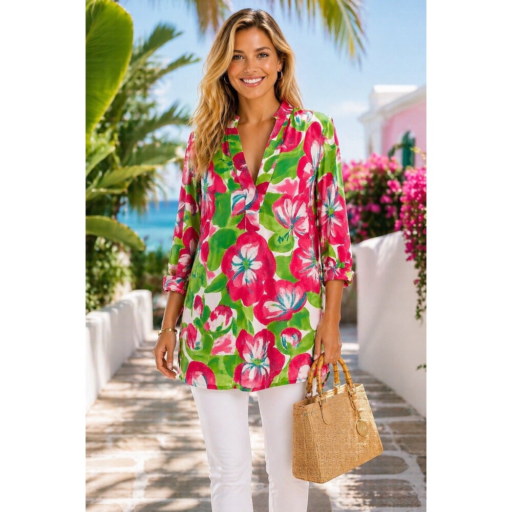 Lilly Pulitzer Pink & Green Floral Tunic Top Breezy Tropical Aloha Size 10